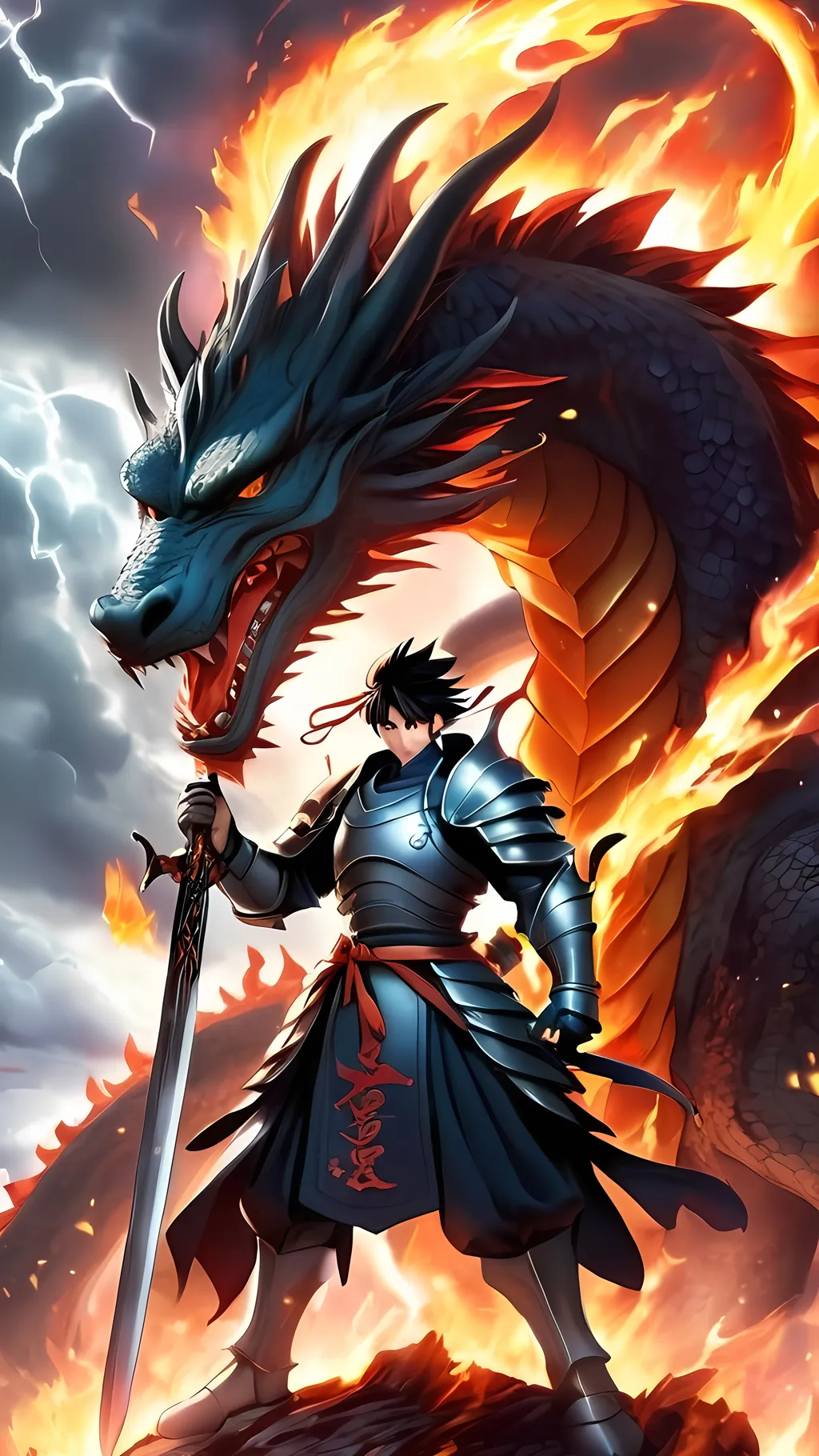 Prompt: A anime character dressed for battle with a sword with flames on it standing on a dragon and lifting the sword up to create a thunderstorm 