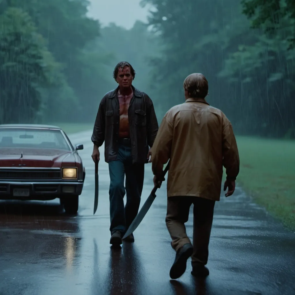 Prompt: a man walking in the rain with an machete in hand and a car in the background with a person walking away, Clark Voorhees, video art, movie scene, a screenshot