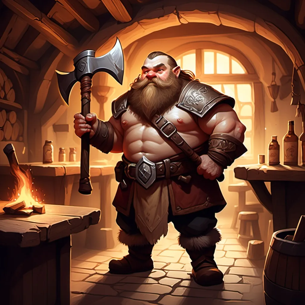 Prompt: dwarf character holding an axe in a tavern , fantasy character art, illustration, dnd, warm tone