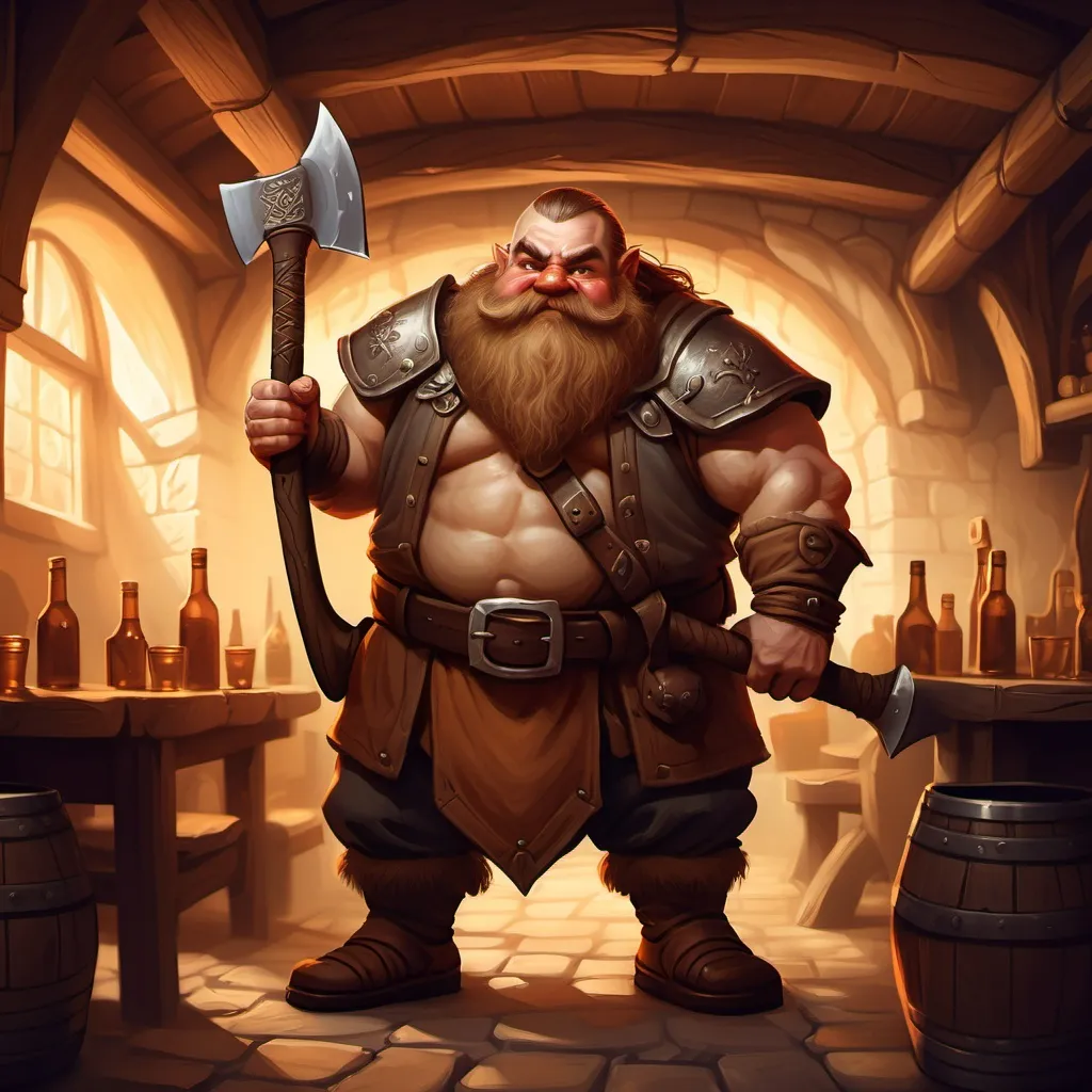 Prompt: dwarf character holding an axe in a tavern , fantasy character art, illustration, dnd, warm tone