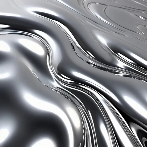 Prompt: (Chrome liquid), smooth and reflective surface, shimmering with silver hues, dynamic flows and rivulets, high gloss finish, intricate patterns formed by the movement of the liquid, subtle play of light creating reflections, (ultra-detailed), (high quality), captivating and mesmerizing visual, backdrop softly blurred to enhance focus on the liquid, cool elegant atmosphere, reminiscent of futuristic designs and advancements.