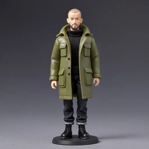 Prompt: Create the plastic action figure of man in a green German army parka, with buzz cut on sides and a receding hairline, short hair on top. Black skinny jeans. Black sweater. Dr. Marten black oxford shoes black. Slight stubble beard. green eyes. 
