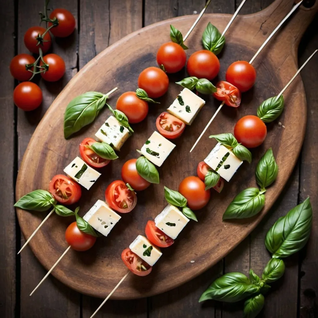 Prompt: Top view of cheese, tomato, basil kebabs on an old wood table
