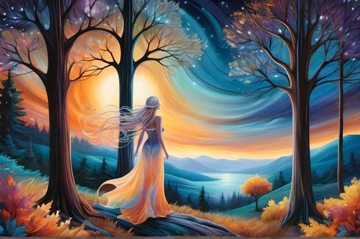 Prompt: enchanting scene evokes a magical atmosphere, where the goddess radiates a soft, ethereal glow against the backdrop of a serene night sky. The vivid colors and intricate details of the crisp HD trees, combined with the enchanting artistry of Rebecca Vincent, Megan Duncanson, and Amy Brown.