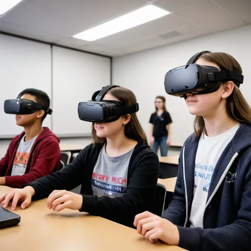 Prompt: Students wearing and playing VR HMD