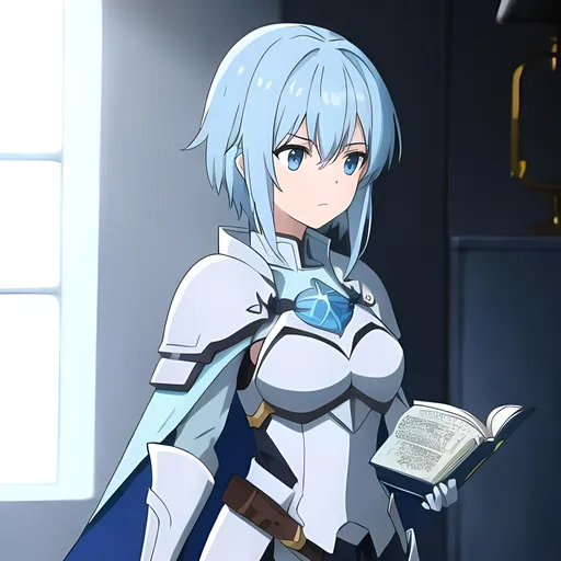 Prompt: A girl in light-blue armor with azure hair, holding a book. She has a white cape and sword across her back.