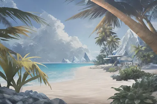 Prompt: locale: a tropical beach setting with random spikes of ice erupting from the sand. 