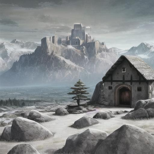 Prompt: locale: a small walled castle, surrounded made of weathered rock. The mountains are tall and dark with no snow.