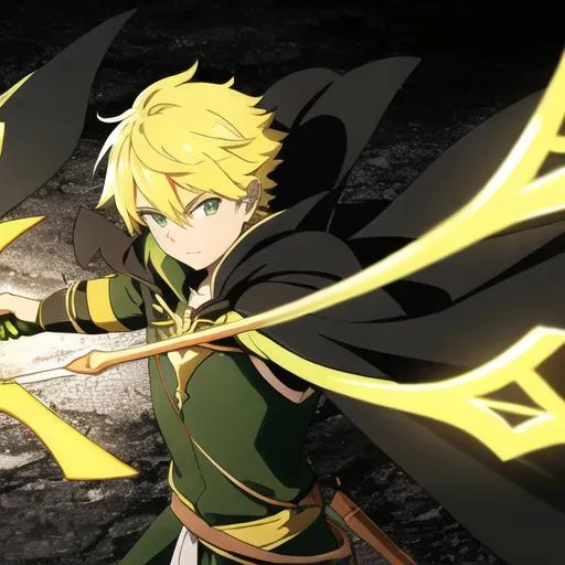Prompt: A boy with light-yellow hair holding a bow and arrow. He is wearing black armor and a green cape.