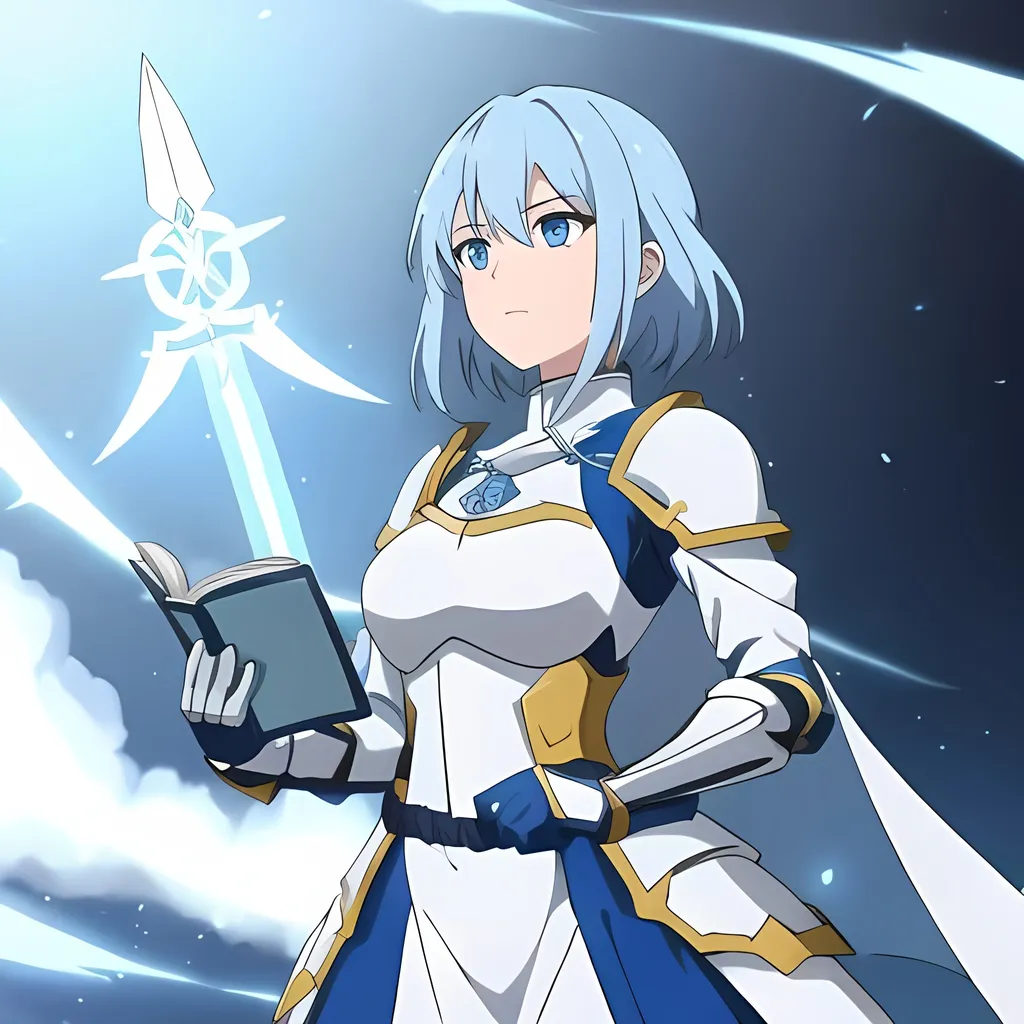 Prompt: A girl in light-blue armor with azure hair, holding a book. She has a white cape and sword across her back.