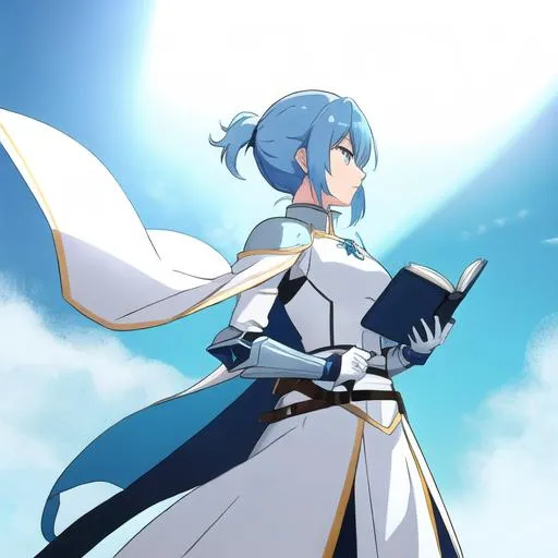 Prompt: A girl in light-blue armor with azure hair, holding a book. She has a white cape and sword across her back.