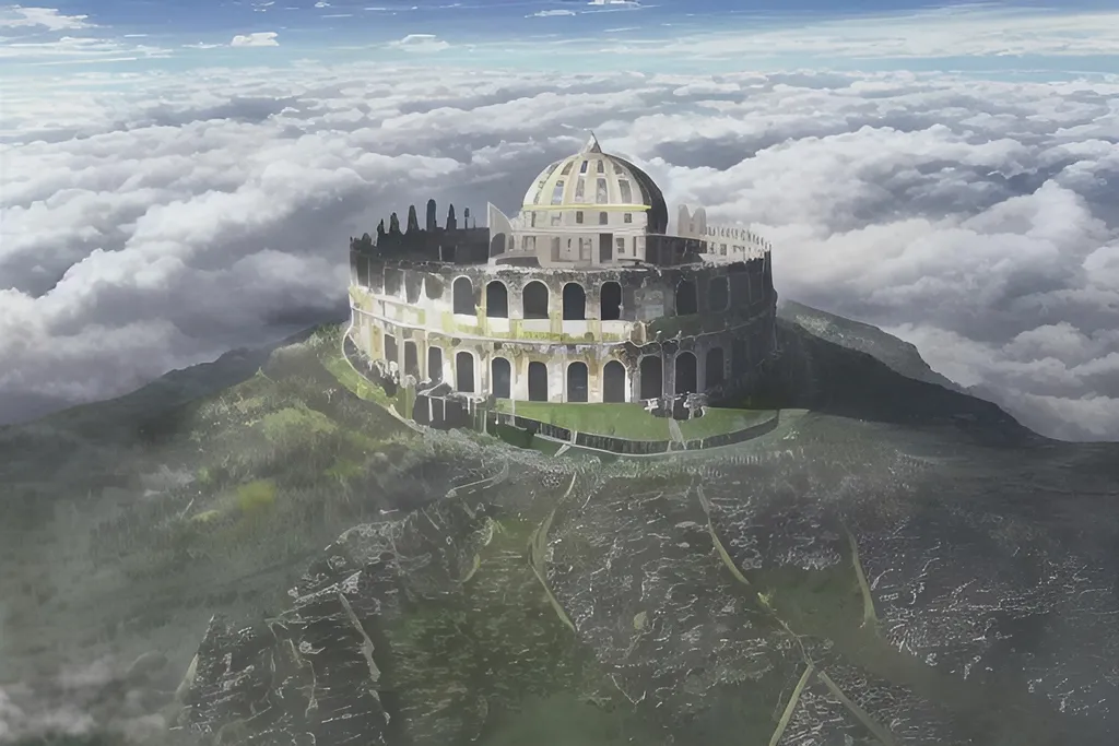 Prompt: locale: an old mountain colosseum surrounded by clouds. The sky is bright yellow and blue, almost heaven-like