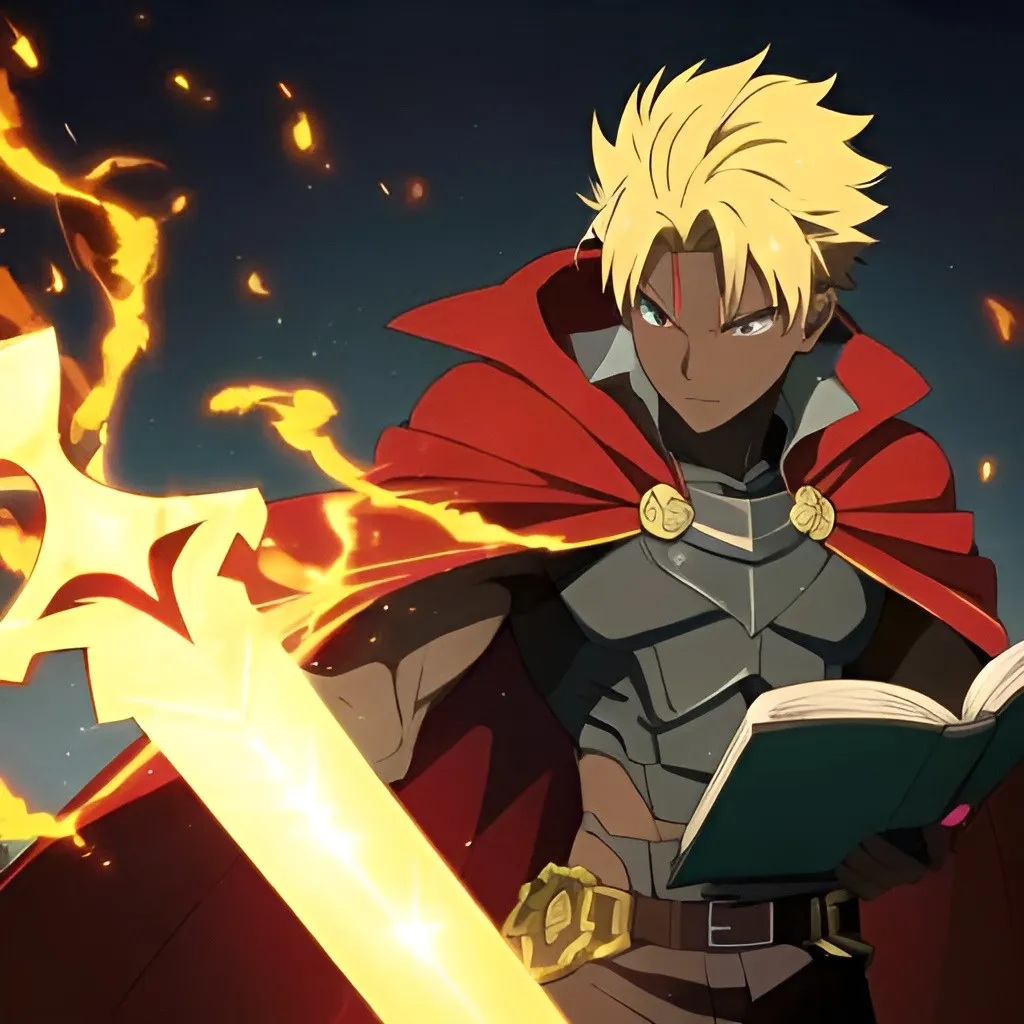 Prompt: High quality image of a dark-skinned boy with blonde spiky hair, radiating an aura of fire. He has a book in one hand and a sword in the other. He has a red cape.