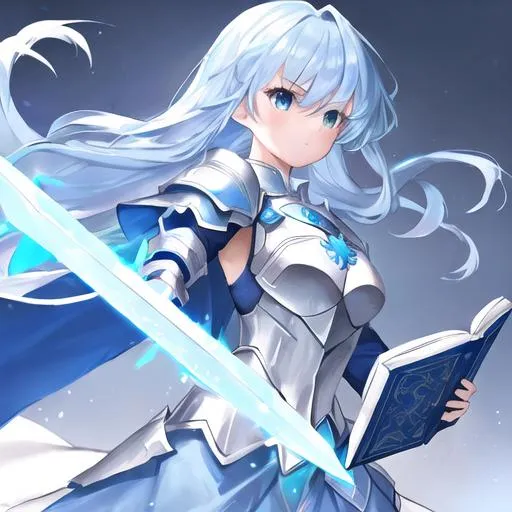 Prompt: A girl in light-blue armor with azure hair, holding a book. She has a white cape and sword in her other hand.