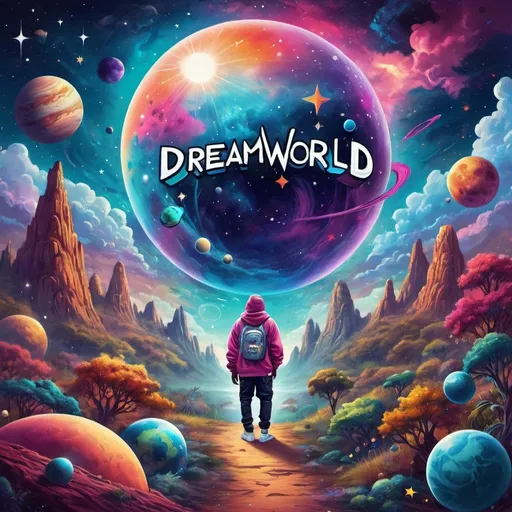 Prompt: Dreamworld rapper album cover 
