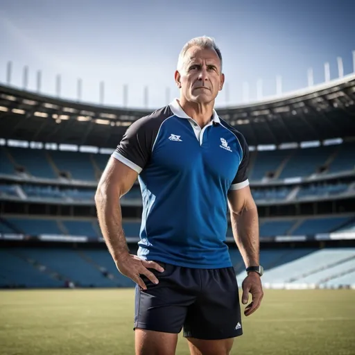 Prompt: (photoreal mature male rugby athlete), Standing in the stadium under the sky, he is wearing a T-shirt and athletic shorts and sneakers, Dramatic lighting from sun illuminates the scene, This man looks confident and determined, looking straight, crew cut, full body, shot from front, wearing sport outfit, realistic, hi-resolution, photograph, middle shot, dynamic, playing