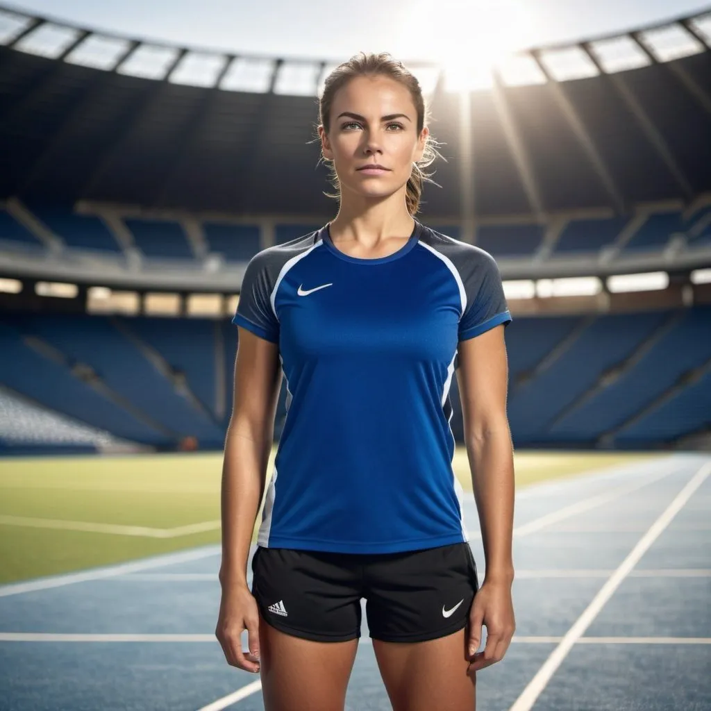 Prompt: (photoreal mature female athlete), Standing in the stadium under the sky, she is wearing a T-shirt and athletic shorts and sneakers, Dramatic lighting from sun illuminates the scene, This girl looks confident and determined, looking straight, crew cut, full body, shot from front, wearing sport outfit, realistic, hi-resolution, photograph, middle shot