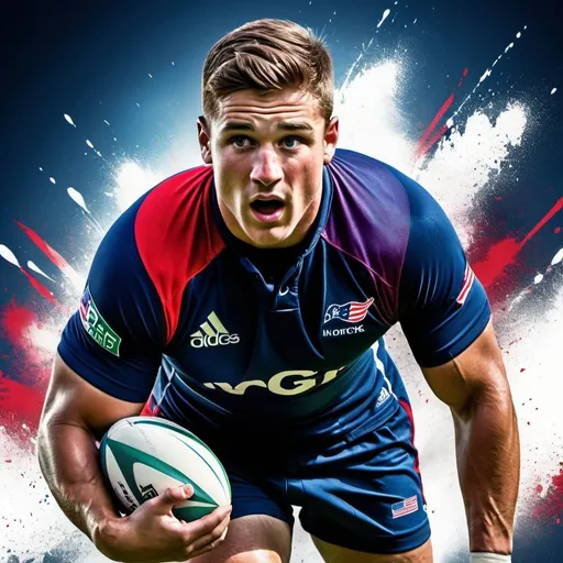 Prompt: Photorealistic banner of a American rugby athlete, vibrant and dynamic colors, high quality, athlete in action, detailed uniform, intense expression, dramatic lighting, professional artwork, transparent background, photorealistic style, vibrant colors, dynamic pose, vivid details, 1920x1800, model look upward, side pose, muscular, splashed watercolor background