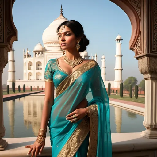 Prompt: A breathtakingly elegant  Indian  princess, draped in a richly embroidered sari of Turquoise and gold, adorned with intricate jewelry that sparkles in the soft morning light.
She stands poised and dignified before the majestic Taj Mahal.