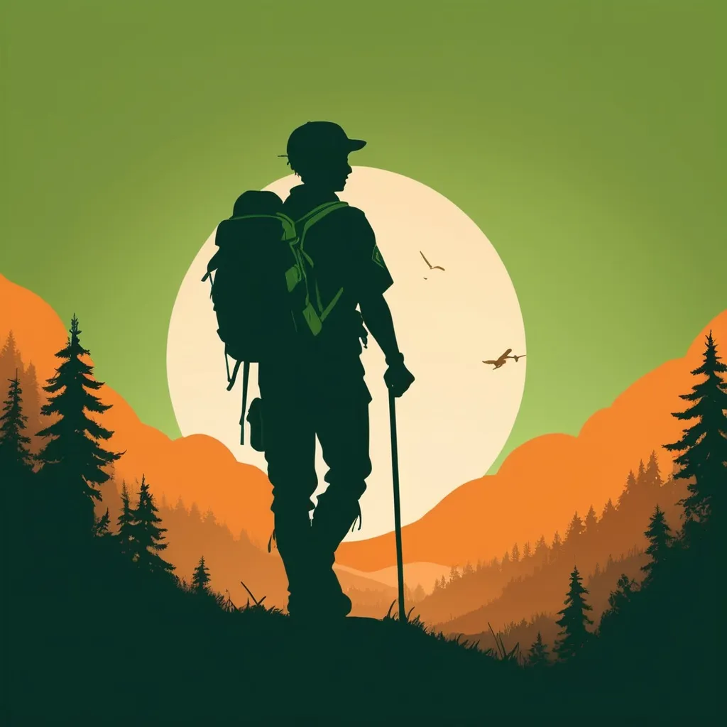 Prompt: Background: A bold, earthy green or warm orange background, symbolizing nature and adventure.
Central Figure: A silhouette of a scout in uniform with a backpack and walking stick, facing away, looking toward the horizon—conveying a sense of exploration and courage.
