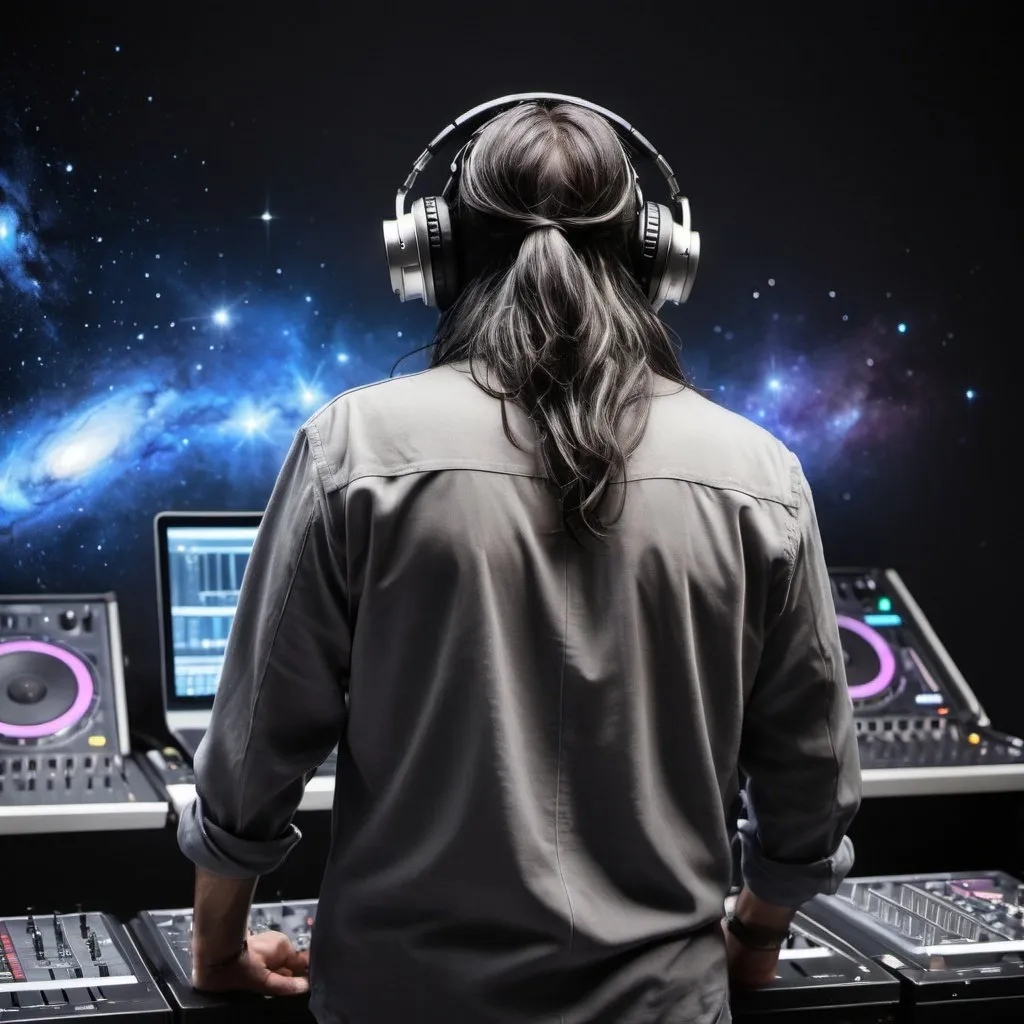 Prompt: a male Dj 50 year old seen from back dark gray long hair dressed like an  engineer   playing music looking galaxy