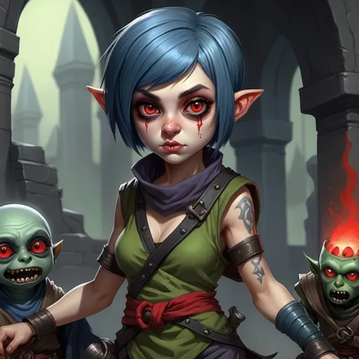 Prompt: female, halfling, monk, necromancer, short blue hair, red eyes, skimpy green gi with black trim, no tattoos, with undead minion