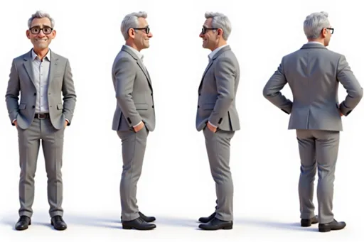 Prompt: A full-body character sheet of 3D animation elderly male f7e657dc with gray hair, glasses, light gray suit, black shoes displayed in three clear views on a clean white background, arranged in a three-column grid pattern with equal spacing and importance. Left panel: front view showing complete anatomical details and outfit. Center panel: perfect 90-degree side view (profile) clearly showing the character's side silhouette, facial profile, and outfit from a direct lateral perspective. Right panel: back view revealing posterior details Each view maintains consistent scale, lighting, and full-body presentation from head to toe. All three perspectives must be equally detailed and given equal prominence in the composition.