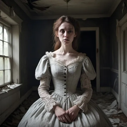 Prompt: realistic photography southern gothic style woman in a torn victorian dress ghostly 