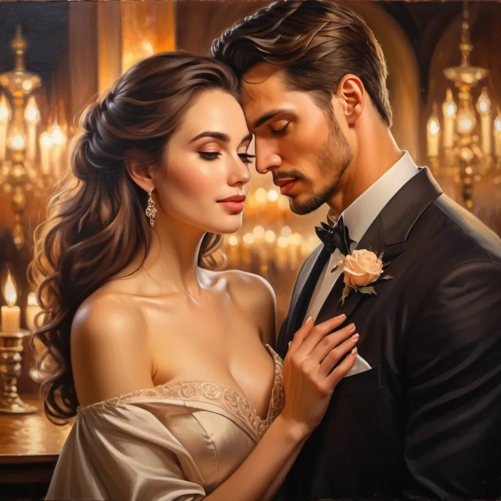 Prompt: Beautiful woman and handsome man, oil painting, romantic evening setting, detailed facial features, elegant attire, soft and warm lighting, high quality, realistic style, warm color tones, romantic atmosphere