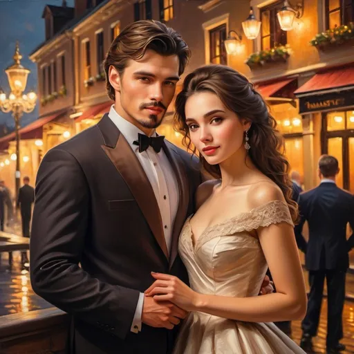 Prompt: Beautiful woman and handsome man, oil painting, romantic evening setting, detailed facial features, elegant attire, soft and warm lighting, high quality, realistic style, warm color tones, romantic atmosphere