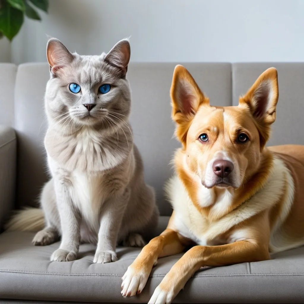 Prompt: A gray cat with blue eyes with a light yellow DOG with some white parts on its fur both sitting on a sofa