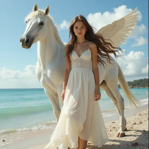Prompt: A beautiful girl with long brown hair, her hair blown by the wind, stands on a dreamy shell beach next to a large white winged horse.
