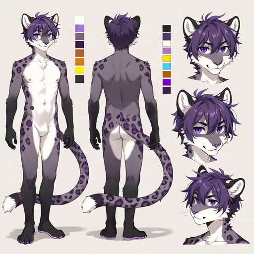 Prompt: A male anthropomorphic leopard, light gret fur with black dots, purple tuft of hair, purple tipped tail, reference sheet