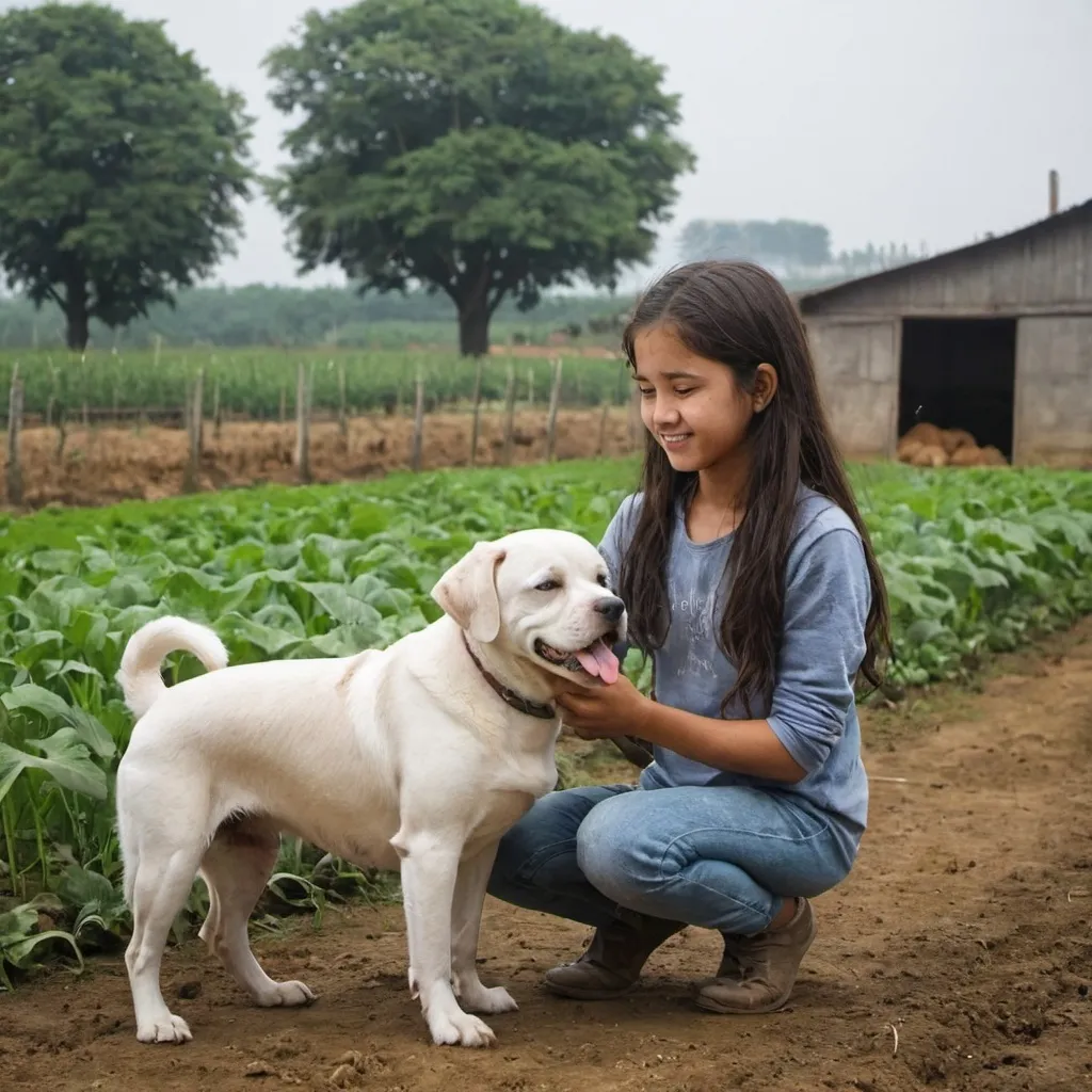 Prompt: A girl with a dog in the farm