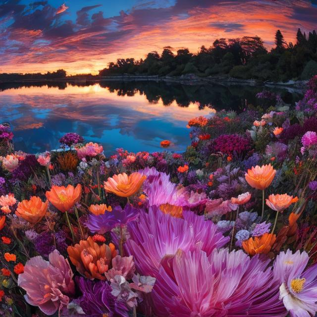 Prompt: a picturesque landscape scene at sunset: a vast, colorful sky with gradients of orange, pink, and purple hues, reflecting on a crystal-clear lake. In the foreground, there's an intricately detailed flower garden with vivid, true-to-life colors. The petals of the flowers are so detailed that individual textures and patterns are visible. In the distance, you can see sharp, clear mountain ranges with distinct peaks and shadows.