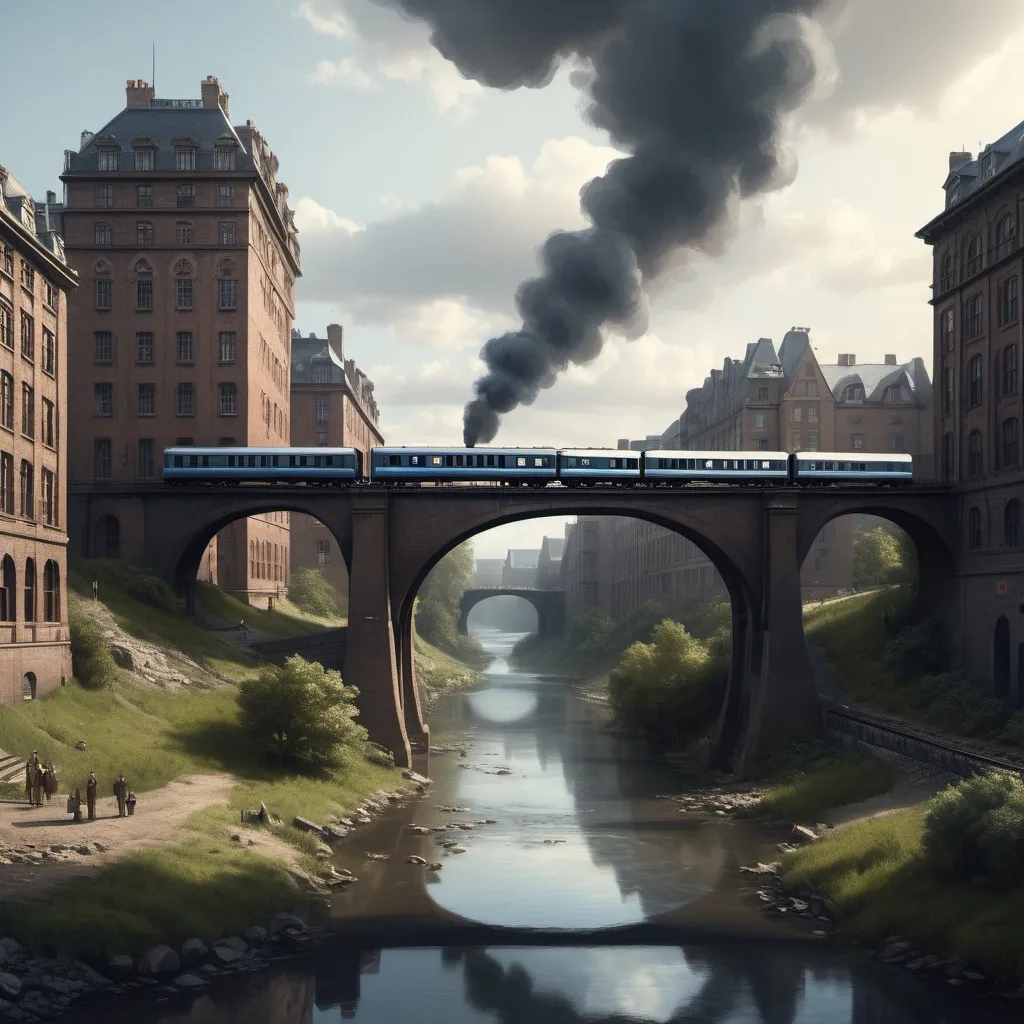 Prompt: a bridge over a river with a train going over it and a building in the background with a bridge over it, David Ramsay Hay, regionalism, widescreen, a matte painting