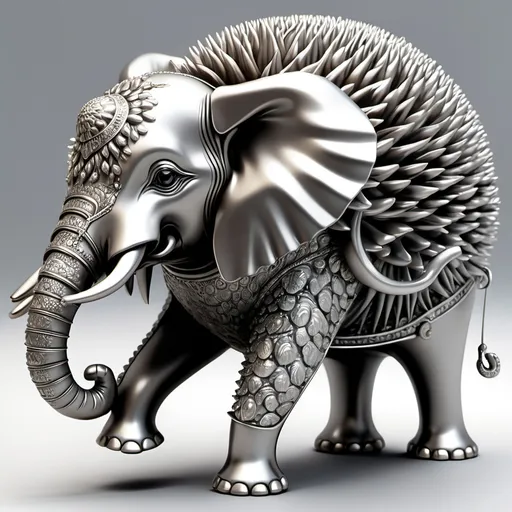 Prompt: Fusion of elephant and hedgehog in one body made of silver