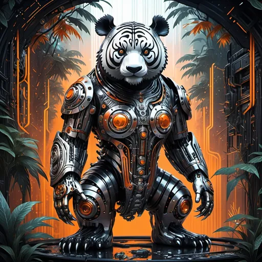 Prompt: (Fusion of panda and tiger in one body made of metal), intricate cyberpunk design, gleaming metallic textures, vibrant colors highlighting a blend of black, white, and orange, dynamic composition, highly detailed mechanical features, surrounded by a mystic jungle backdrop, shimmering light reflections, moody and enchanting atmosphere, ultra-detailed, HD quality.