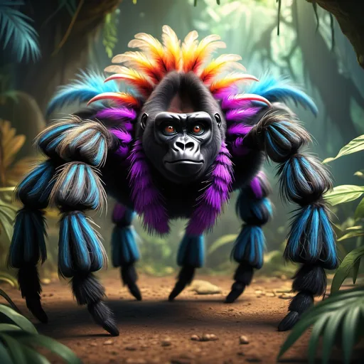 Prompt: (tarantula and gorilla fusion), (hybrid creature), intricate details, blending tarantula traits with gorilla features, vibrant colors, dramatic shadows, highly textured fur and legs, captivating eyes, surreal composition, lively jungle background, captivating ambiance, dynamic lighting contrasts, (4K), (ultra-detailed), imaginative blend of nature and fantasy, exotic atmosphere.