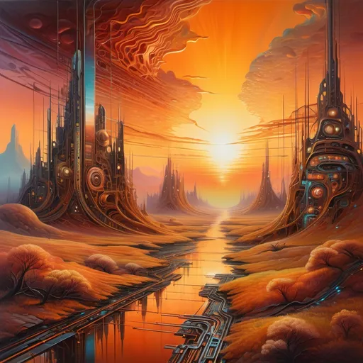 Prompt: (futuristic-cybernetic landscape), breathtaking oil painting, (warm colors), mesmerizing fusion of technology and nature, vibrant sunset casting soft glows, intricate circuit patterns blending with organic forms, ethereal ambiance, vivid details inviting exploration, (4K ultra-detailed), balanced composition evoking a sense of wonder and mystery, dynamic and imaginative visual narrative.