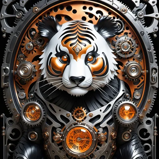 Prompt: (Fusion of panda and tiger in one body made of metal), intricate steampunk design, gleaming metallic textures, vibrant colors highlighting a blend of black, white, and orange, dynamic composition, highly detailed mechanical features, surrounded by a mystic jungle backdrop, shimmering light reflections, moody and enchanting atmosphere, ultra-detailed, HD quality.