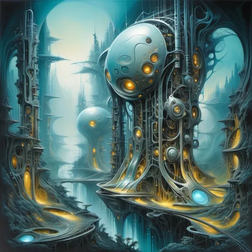 Prompt: (futuristic-biomechanical style), landscape oil painting, (cool color scheme), intricate details, ethereal atmosphere, surreal elements intertwining natural and artificial forms, smooth textures, (dynamic contrasts), organic shapes fused with technology, luminous highlights, dreamy ambiance, high quality, ultra-detailed, breathtaking visuals, captivating harmony, blending nature and machinery harmoniously.