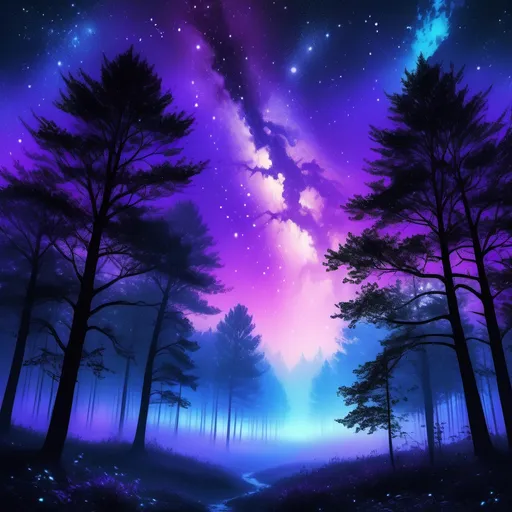 Prompt: Space dusk over forest, (magical atmosphere), stunning cosmic colors, deep purples and blues, shimmering stars, (vibrant constellations), silhouette of towering trees, ethereal mist drifting through the landscape, serene and tranquil blanket of dusk, celestial backdrop, (ultra-detailed), soft lighting creating shadows, peaceful ambiance, otherworldly elements enhancing the natural setting.