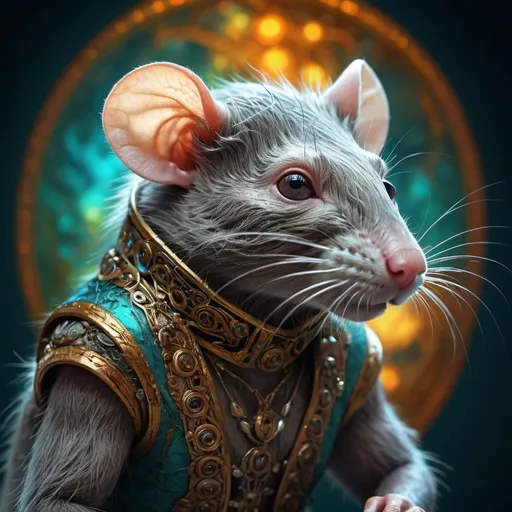 Prompt: (part-human, part-rat fusion), intricate details, dynamic pose, (textured fur), digitally rendered, vibrant colors, (mystical glow), surrealistic aspect, (bio-organic design), fantasy elements, high-quality illustration, gloriously detailed features, dramatic lighting, imaginative background, (futuristic ambiance), captivating fusion of nature and humanity.