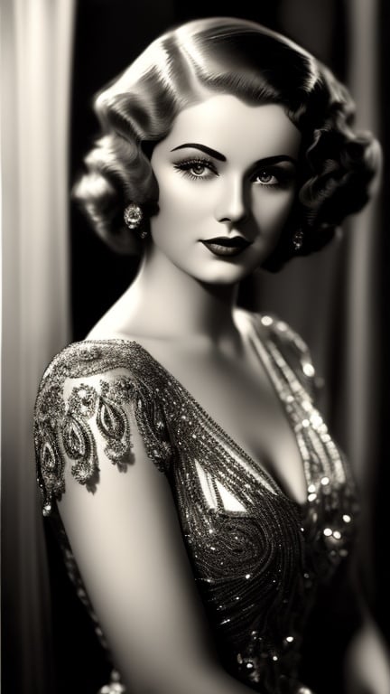 Prompt: Vintage glamour portrait of a 1930s woman, sepia-toned, old Hollywood, glamorous pose, elaborate hairstyle and accessories, soft and classic lighting, vintage film grain, high quality, detailed, classic beauty