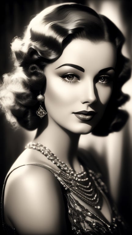 Prompt: Vintage glamour portrait of a 1930s woman, sepia-toned, old Hollywood, glamorous pose, elaborate hairstyle and accessories, soft and classic lighting, vintage film grain, high quality, detailed, classic beauty