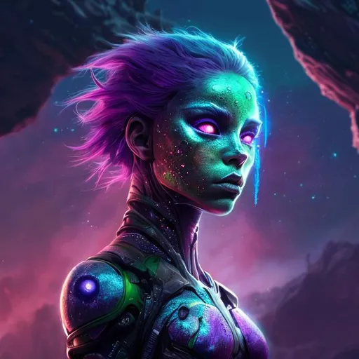 Prompt: futuristic sci-fi illustration of a girl with purple skin, tail, unique eyes, dark purple hair, blue freckles, metallic cliff, green and pink sky, detailed, highres, futuristic, sci-fi, purple skin, tail, unique eyes, dark purple hair, blue freckles, with brown clothe, metallic cliff, green and pink sky, atmospheric lighting