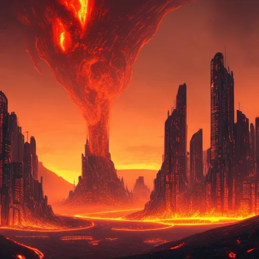 Prompt: A futuristic city surrounded by lava during the day with huge buildings.