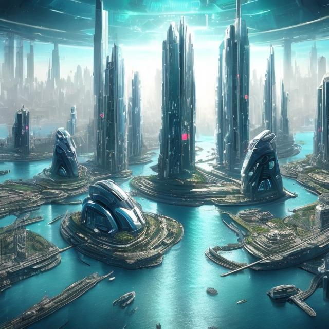 Prompt: A futuristic city surrounded by water during the day with huge buildings.