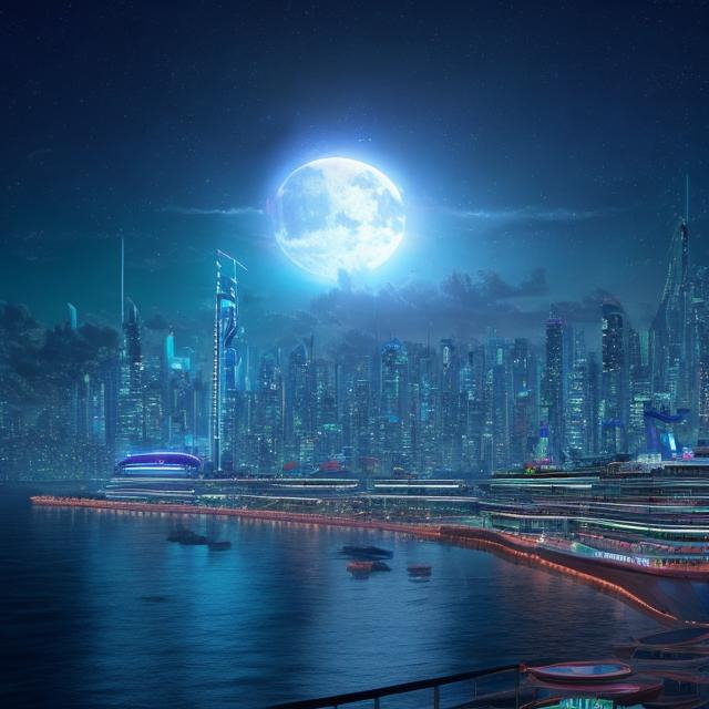 Prompt: A photo of a futuristic city that is on a cruise ship in the moonlight with neon lights surrounded by the ocean.